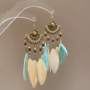 Detailed view of vintage ethnic bohemian chandelier earrings with colorful feathers and beads