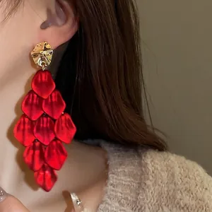 Exaggerated vintage red petal tassel drop earrings with golden metallic stud for women
