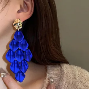 Exaggerated blue petal tassel drop earrings with vintage golden metal stud jewelry