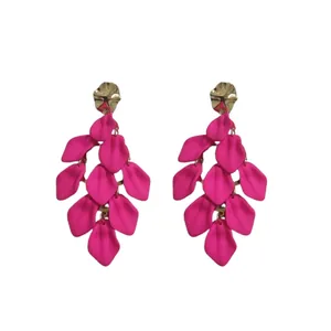 Stylish hot pink petal tassel drop earrings with geometric gold-tone studs for women