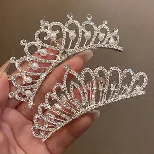 Elegant pearl and sparkling crystal bridal tiara crown set for wedding and princess birthday parties