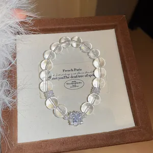 Elegant clear bead bracelet with square zircon charm in luxury jewelry box