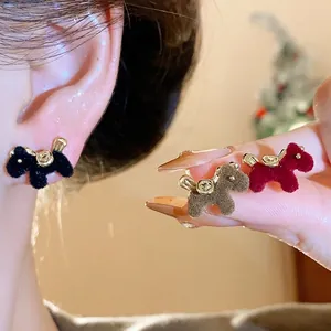 Elegant retro flocked horse stud earrings with silver needles in red black and brown colors
