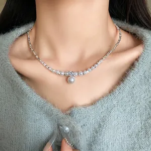 French Vintage Artificial Pearl Pendant Necklace With Zirconia Inlaid Silver Color Chain For Women Elegant Neck Jewelry