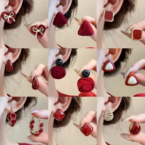 Vintage Red Flocking Flower Stud Earrings Enamel Water Drop Heart Bowknot Earrings For Women Autumn Winter Fashion Jewelry Accessories