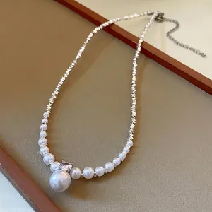 French vintage style necklace with zircon, artificial pearls and crushed silver beads