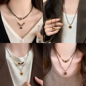 Collana con Pendente in Occhio di Tigre Placcata Oro Vintage per Donna Gioielli di Moda Geometrici Stratificati