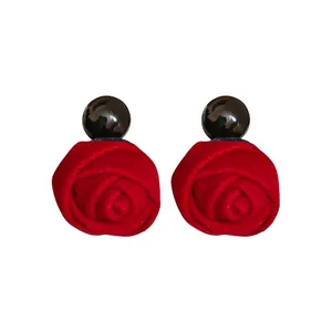 Elegant red flocked rose earrings with glossy black bead accents for women