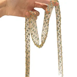Elegant long hollow mesh necklace with teal glass beads and gold finish for women