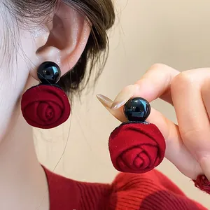 Elegant red flocked flower earrings with black bead, vintage rose design for women