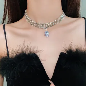 Luxury silver rhinestone zircon waterdrop choker necklace for women elegant jewelry piece