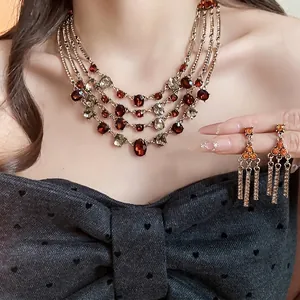 Vintage Multi-Layer Oval Rhinestone Necklace And Tassel Earrings Jewelry Set For Women Gold Coffee Rhinestone Jewelry