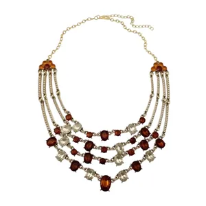 Vintage gold multi-layer clavicle necklace with amber and clear oval rhinestones