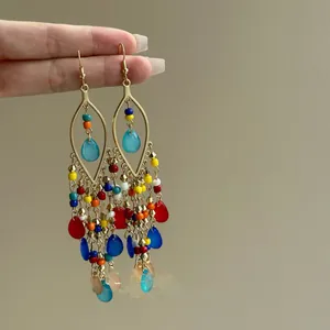 Bohemian Glass Bead Tassel Drop Earrings For Women Vintage Retro Ethnic Style Waterdrop Earrings Vacation Beach Holiday Jewelry