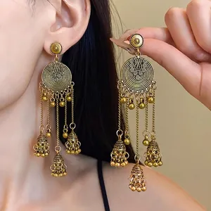 Vintage Ethnic Round Copper Bell Tassel Drop Earrings With 925 Sterling Silver Earring Post Gold Bohemian Jhumka Style Jewelry For Women