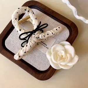 French Elegant Polka Dot Ribbon Bow Hair Claw Clip Camellia Flower Hairpin For Women Vintage Satin Fabric Wrapped Shark Clip