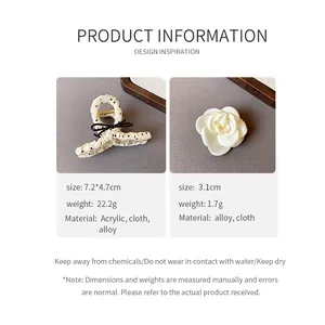 Detailed dimensions and materials for polka dot bow hair claw and flower clip set