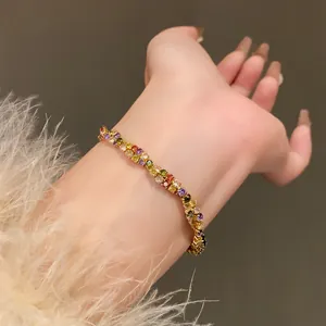 Elegant luxury colorful zircon bracelet with sparkling multi-color stones on wrist detail