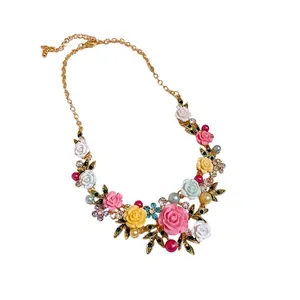 Elegant floral leaf necklace with colorful resin flowers and pearls on gold chain