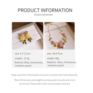 Detailed view of floral leaf necklace and earrings set with rhinestones and pearls