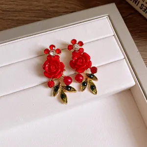 Elegant red rose and leaf earrings with rhinestones and pearls in pastoral style