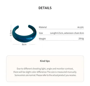 Dettaglio del bracciale rigido in acrilico marmorizzato blu con misure e specifiche