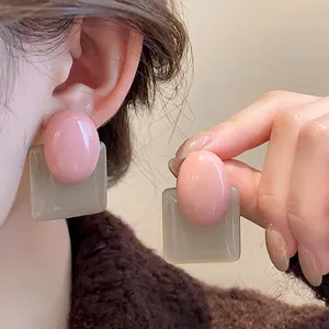 French Vintage Geometric Contrast Color Resin Stud Earrings With Silver Earring Post Oval Square Jewelry For Women Gift