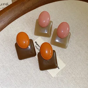 Retro French style oval and square color-blocked resin stud earrings with silver needles