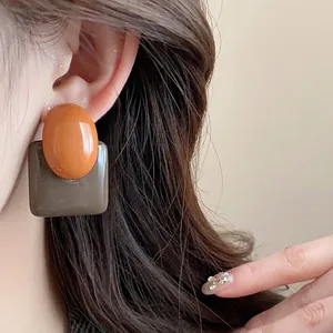 Vintage French resin stud earrings with oval and square contrast color design for women
