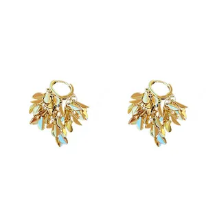 Elegant gold leaf tassel hoop earrings with stylish wheat ear metallic design for women