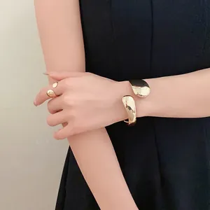 Elegant polished gold irregular oval open ring and cuff bracelet jewelry set for women