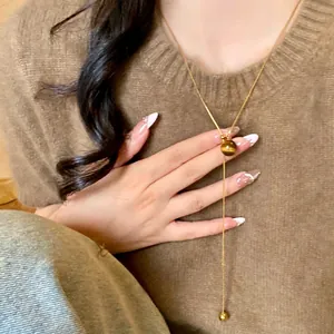 Vintage Gold Plated Copper Cat Eye Stone Lariat Necklace For Women Light Luxury Maillard Style Brown Clavicle Chain Jewelry