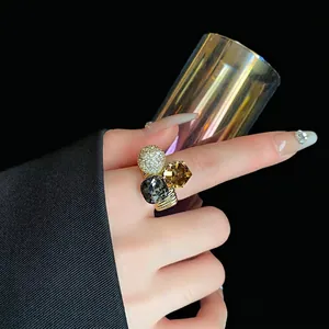 Luxury Copper Gold Plated Geometric Open Ring For Women Fashion Zirconia Inlaid Adjustable Finger Ring Party Jewelry Gift
