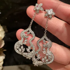 New Chinese Style Gourd Flower Tassel Drop Earrings For Women Elegant 925 Sterling Silver Post Zirconia Inlaid Jewelry Gift