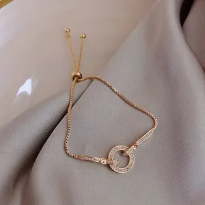 Pulsera de Círculo Redondo de Lujo con Strass Micro-pavé para Mujer Ajustable Oro Plata Aleación Cadena Pulsera Joyería de Moda