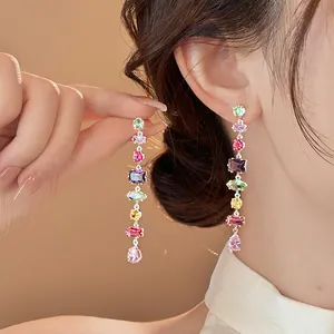 Women Colorful Zirconia Irregular Square Tassel Drop Earrings Luxury Copper Long Dangle Ear Jewelry With Silver Post