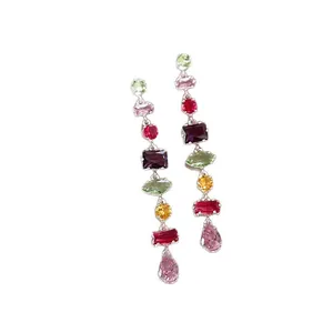 Elegant silver needle drop earrings with multi-colored irregular cubic zirconia stones