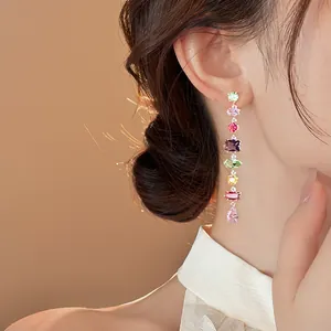 Detailed close-up of colorful zircon dangling tassel earrings featuring S925 silver needles