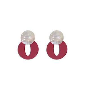 Vintage minimalist red and white acrylic geometric drop earrings with 925 silver pins