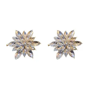 Elegant silver needle crystal flower stud earrings with sparkling marquise-cut stones
