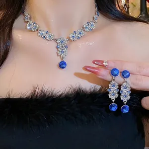 French Vintage Court Style Alloy Blue Rhinestone Flower Necklace And Earrings With 925 Sterling Silver Earring Post For Women Wedding Banquet Jewelry