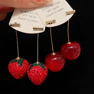 Sweet Red Strawberry Cherry Fruit Drop Earrings With 925 Sterling Silver Earring Post Alloy Rhinestone Jewelry For Women
