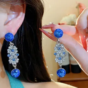 French vintage royal style floral drop earrings with blue rhinestones for a luxurious look