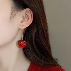 Sweet red cherry drop earrings with a gold bar stud for women jewelry accessory