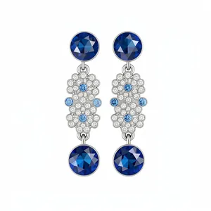 Elegant French vintage drop earrings with blue crystals and floral diamond accents.