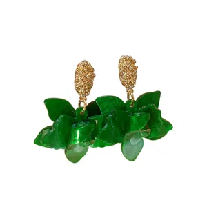 Elegant handcrafted green acrylic flower drop earrings with textured gold studs for women