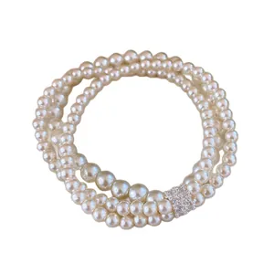 Elegant three-strand pearl bracelet with sparkling zircon pavé rectangular clasp jewelry