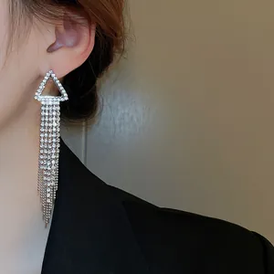 Primo piano di un lungo orecchino con nappe di strass indossato sull'orecchio
