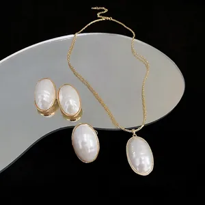 Korean Style Simple Oval Artificial Pearl Jewelry Gold Plated Copper S925 Silver Post Stud Earrings Pendant Necklace Adjustable Ring Accessories For Women