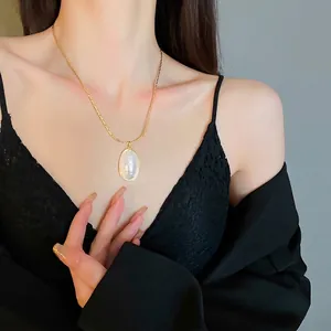 Elegant 18k gold plated necklace with oval pearl pendant for women, minimalist chic style